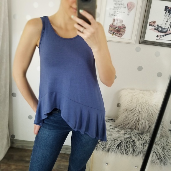 Denim Blue Fall Casual Basic Tops Women’s Navy Summer Muscle Tank Ruffle Tops - Picture 5 of 9